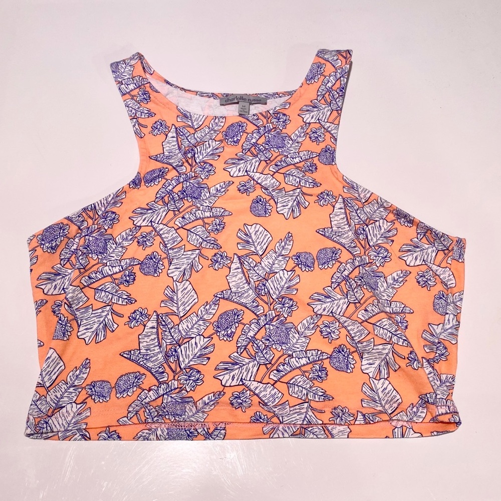 Tropical print cotton/spandex crop top